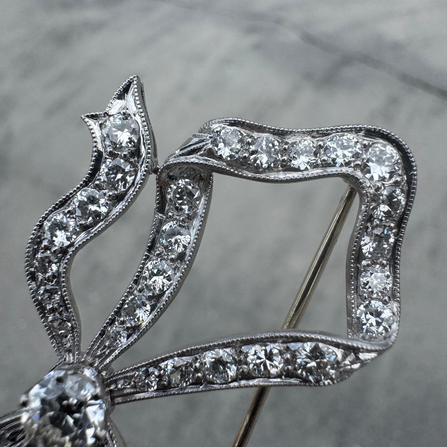 Art Nouveau Solid Platinum 5.25ctw Natural Old Euro Cut Diamond Bow Brooch