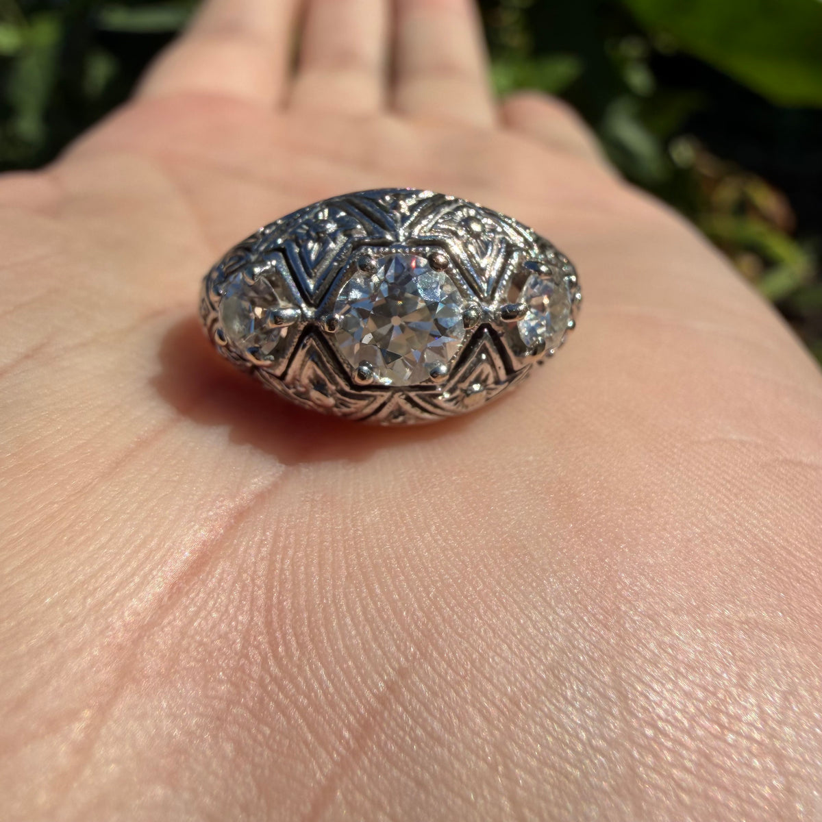Art Deco Solid Platinum 1.0ctw Natural Old Euro Cut Diamond Trilogy Dome Ring (6.5)