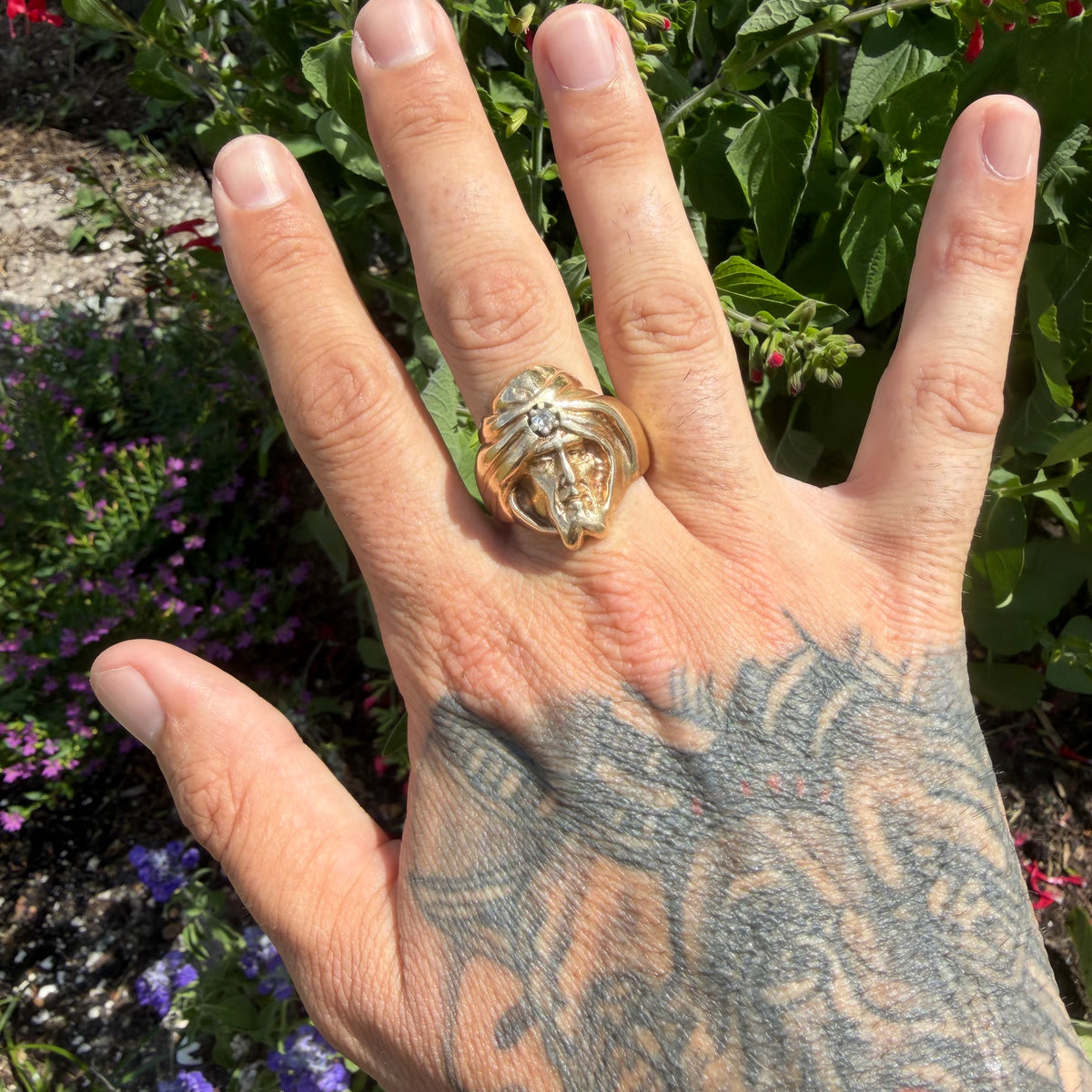 Mid-Century Solid 14k Yellow Gold Natural Diamond Heavyweight Soothsayer Ring (13)