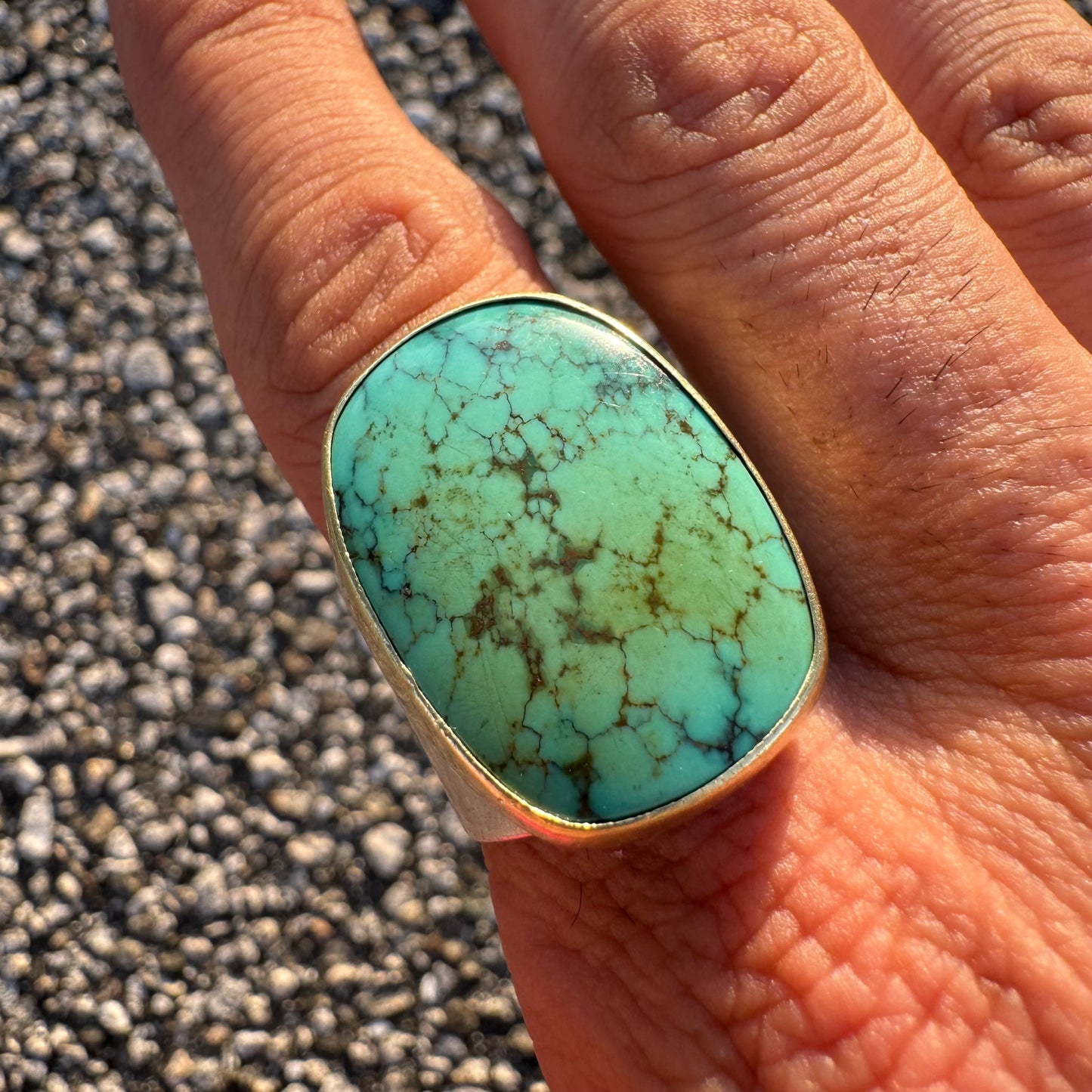 Vintage Hand Wrought Artist Signed 18k Yellow Gold Sterling Silver Large Spider Web Turquoise Ring (11)