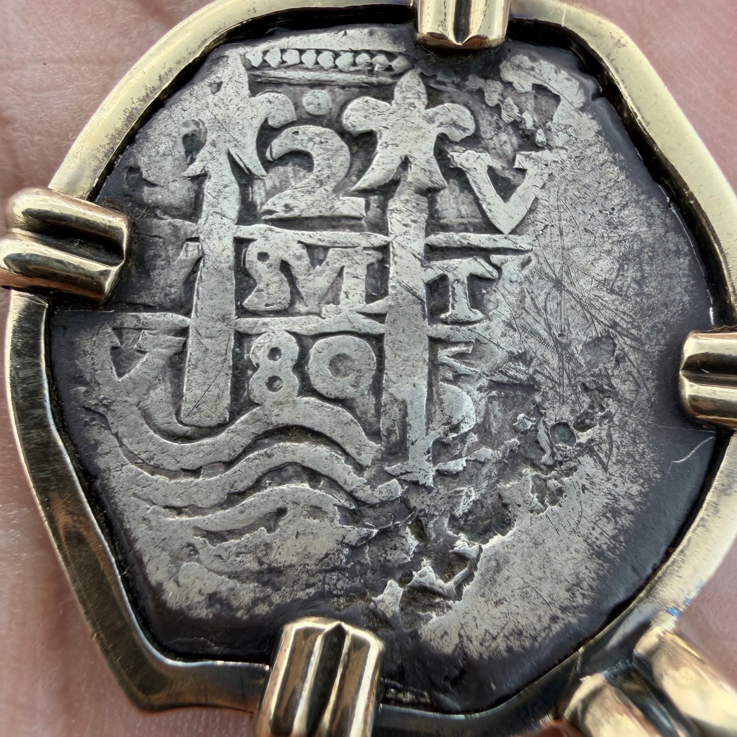 1680 Potosi V Bolivia Silver 2 Reale Coin Vintage Custom 14k Yellow Gold Pendant