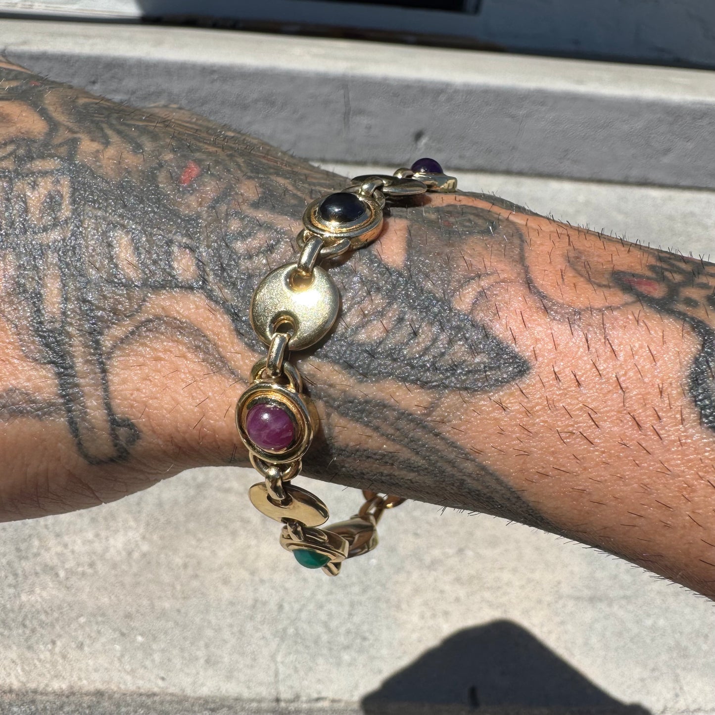 Vintage Solid 14k Italian Yellow Gold Bezel Set Multi Stone Heavyweight Puffed Gucci Bracelet (7.5”)