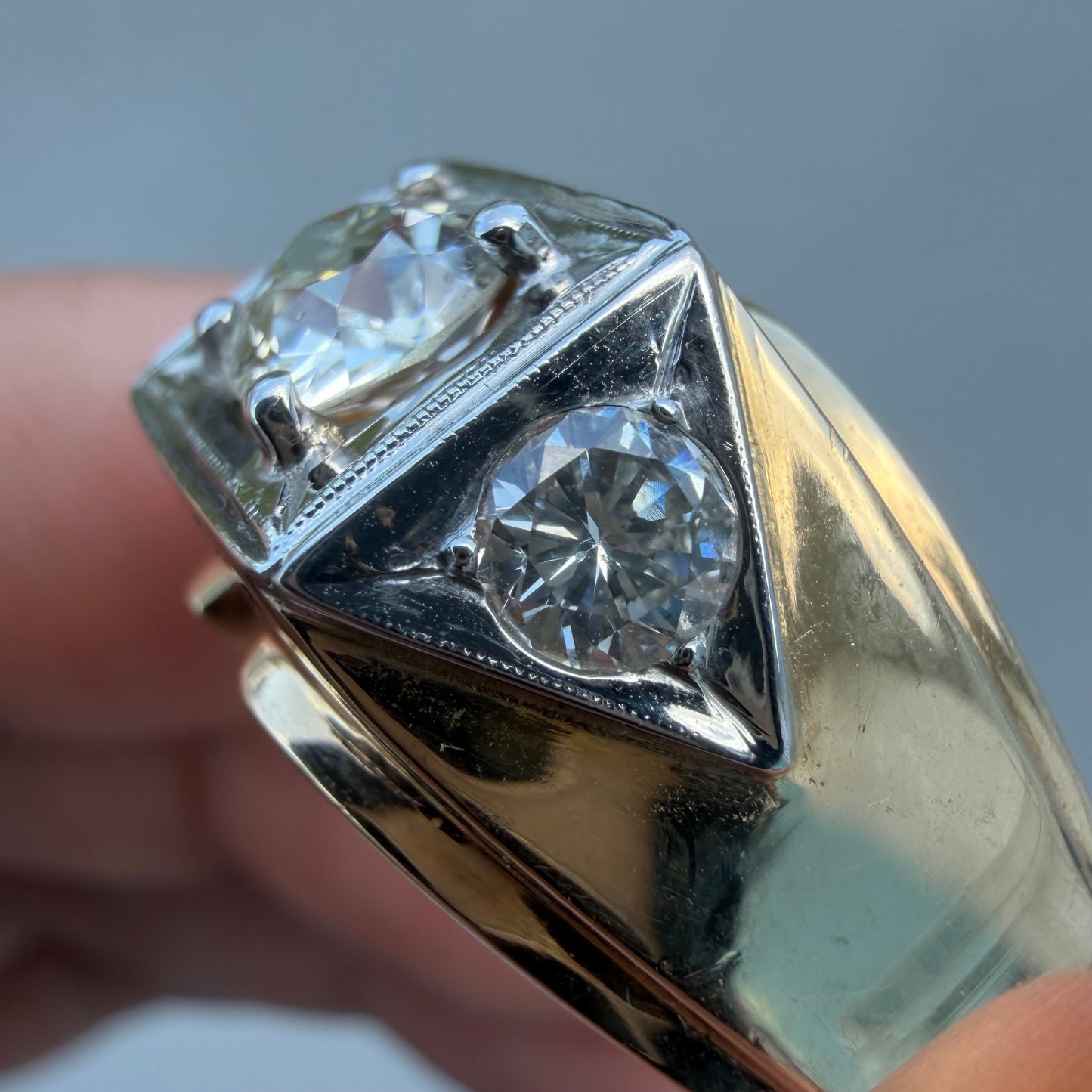 Art Deco Solid 14k Yellow Gold 1.7ctw Natural Old Euro Cut Diamond Trilogy Ring (14)