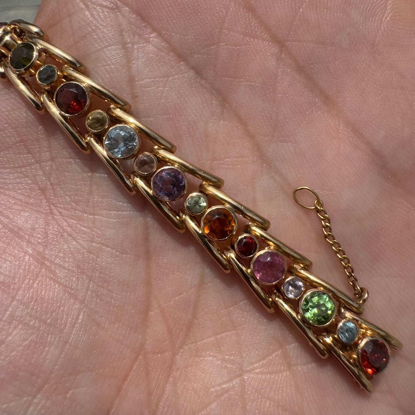 Vintage Solid 18k Gold 7.0ctw Bezel Set Natural Multi Precious Gemstone Bracelet (7.25”)