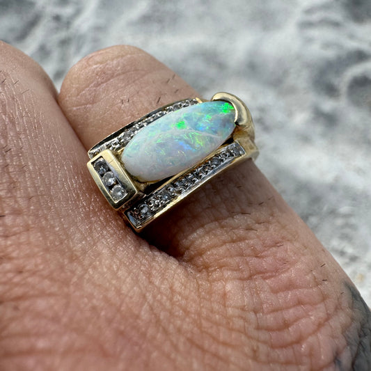 Vintage 14k Yellow Gold Chunky Natural Diamond And Opal Modernist Ring (6.5)