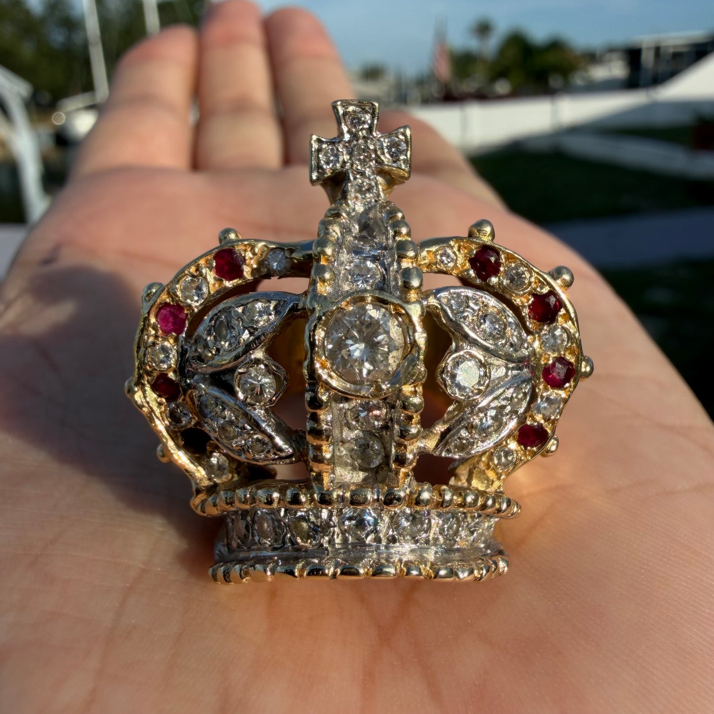 Vintage Solid 18k Yellow Gold 3.0ctw Natural Diamond And Ruby Encrusted Heavyweight Crown Ring (8)