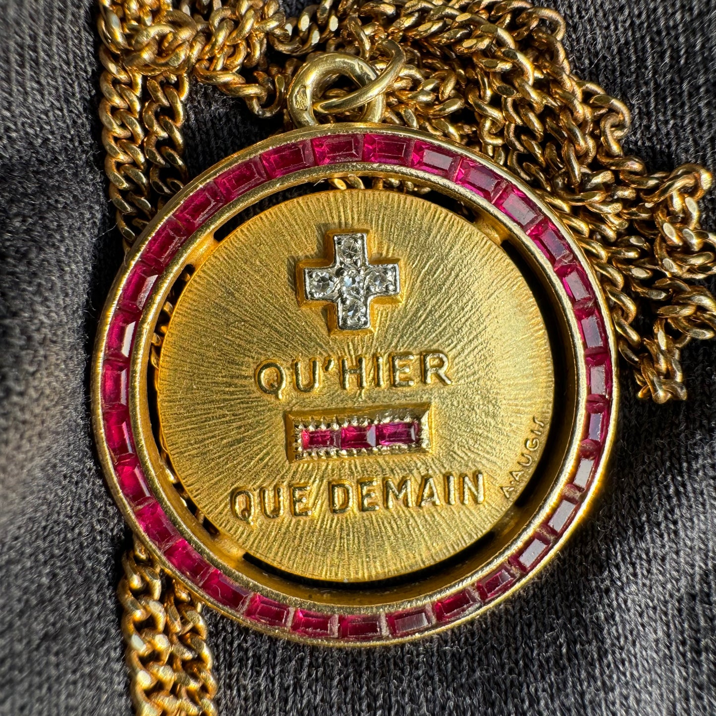 Mid-Century French 18k Yellow Gold Natural Diamond And Ruby A.Augis Love Poem Medallion (27MM)