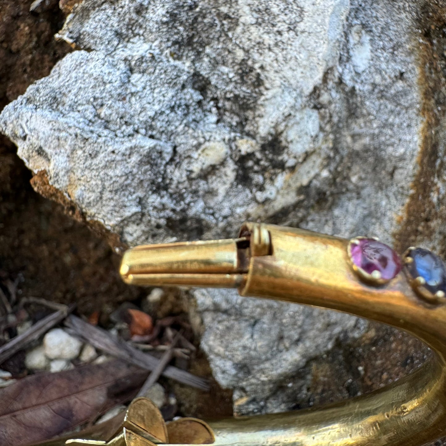 Mid 1800’s 15k Yellow Gold Blue And Pink Sapphire Encrusted Snake Bracelet (6”-7”)