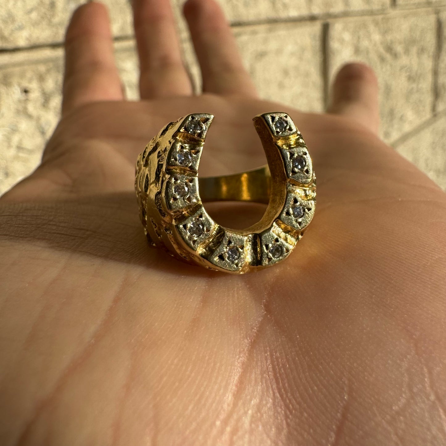 Vintage Solid 14k Yellow Gold Starburst Set Natural Diamond Horseshoe Nugget Ring (8.5)