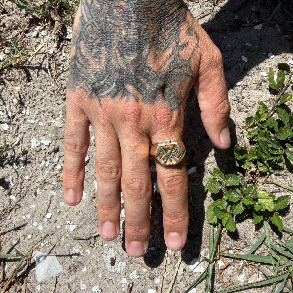 Mid-Century Solid 14k Yellow Gold Heavyweight Turquoise Thunderbird Signet Ring (11.5)
