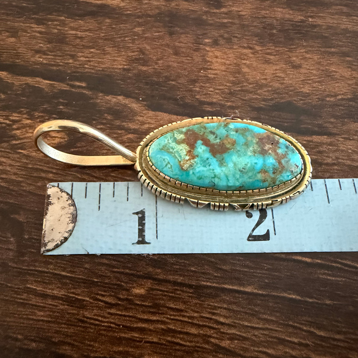 Vintage Solid 14k Yellow Gold Large “Pilot Mountain” Turquoise Pendant Navajo Artist Signed Leonard Nez