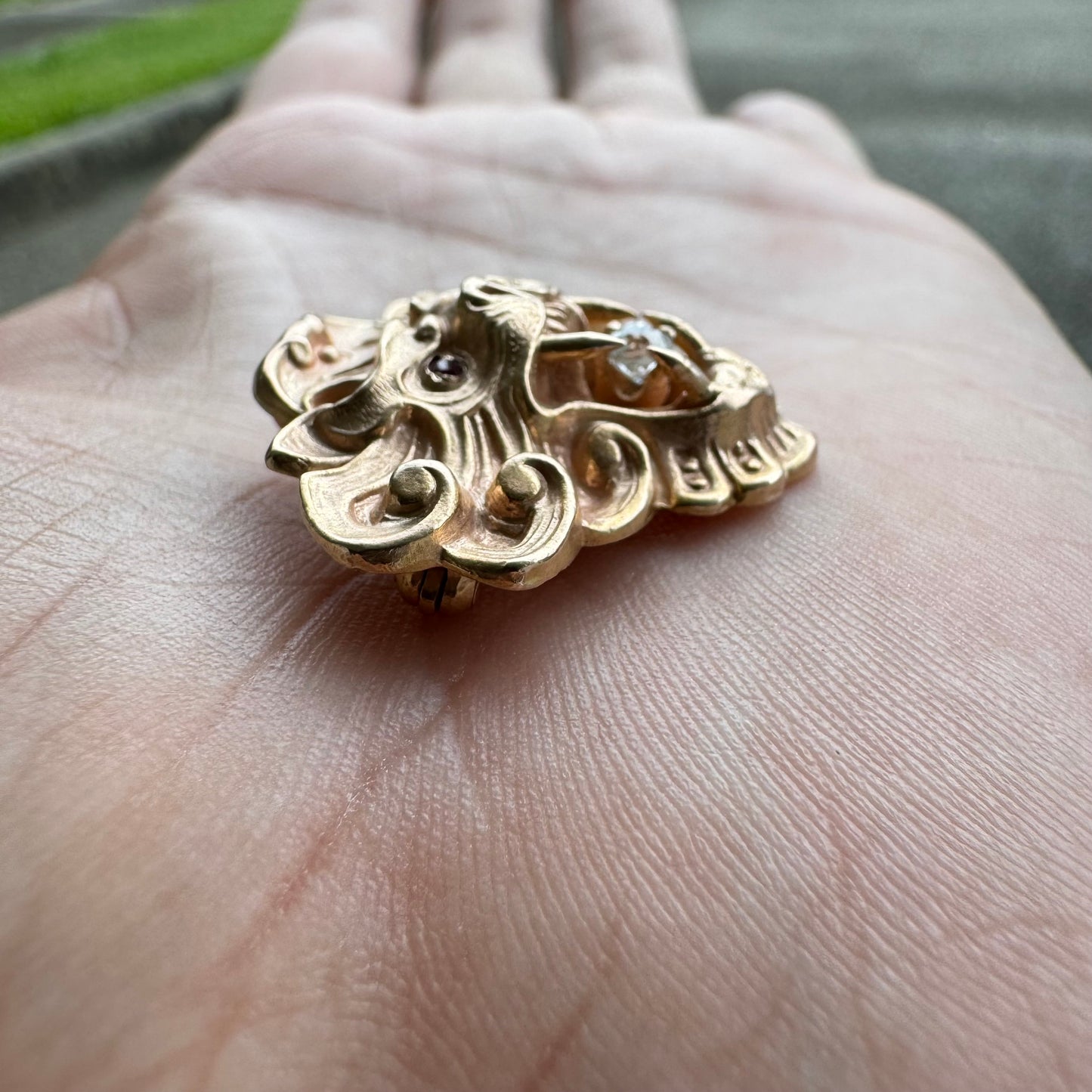 Art Nouveau 1910’s 10k Gold Mythical Beast .10Ct Old Euro Cut Diamond Pendant/Brooch