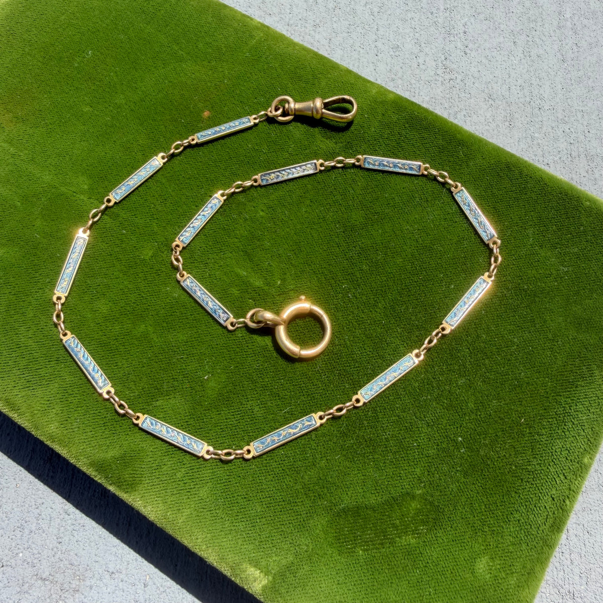Victorian French 18k Yellow Gold Guilloche Enameled Watch Chain Cigar Cutter Fob Necklace Set (14”)