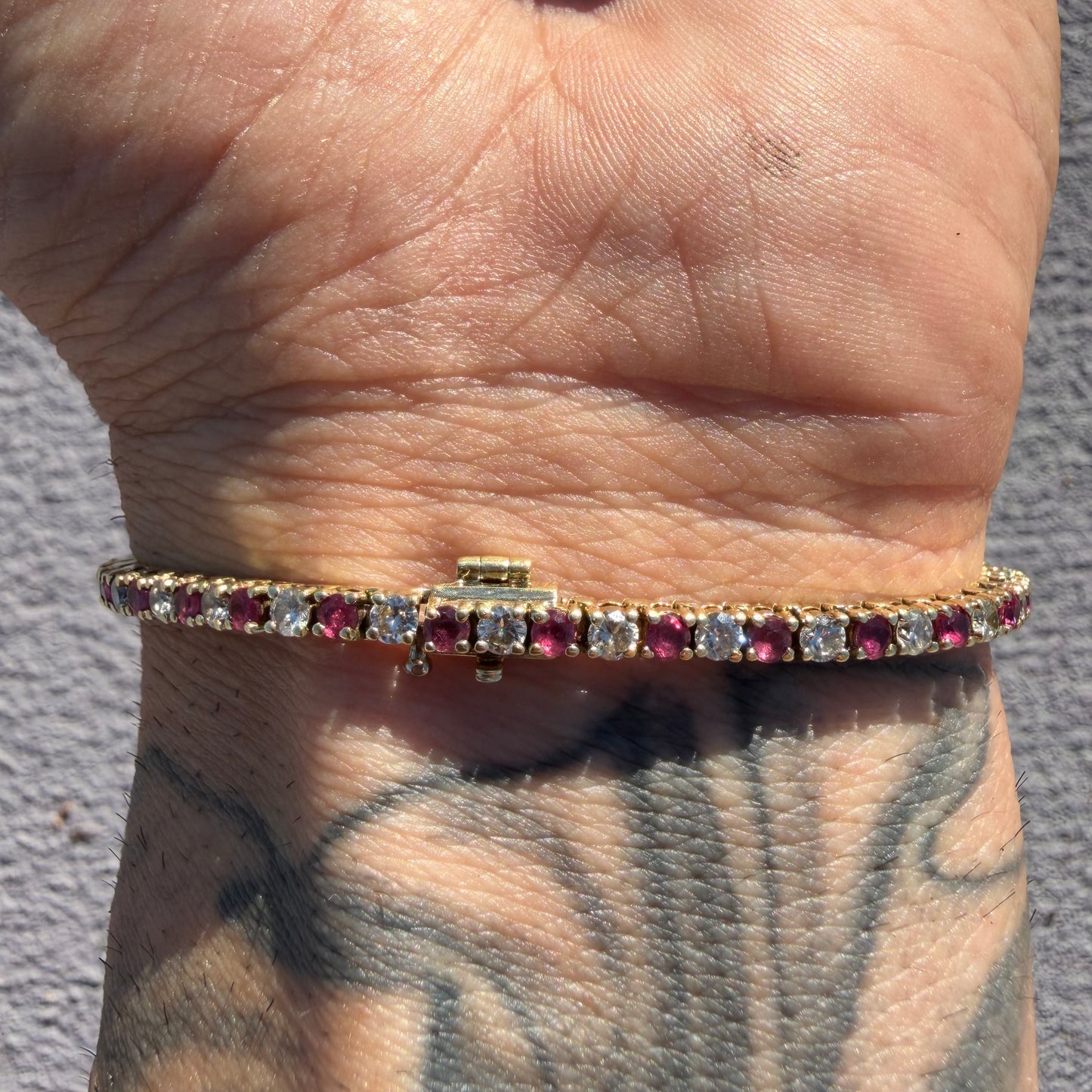 Vintage Solid 14k Yellow Gold 3.0ctw Natural Diamond And Ruby Tennis Bracelet (6.5”)