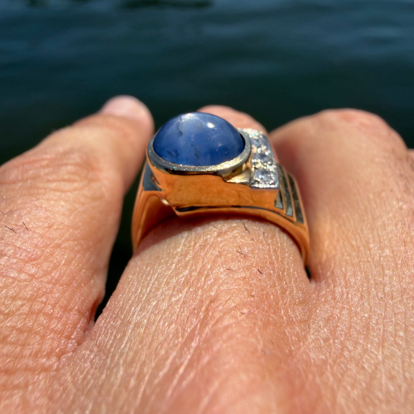 Art Deco Solid 14k Yellow Gold Natural Blue Star Sapphire Old Euro Cut Diamond Ring (8)