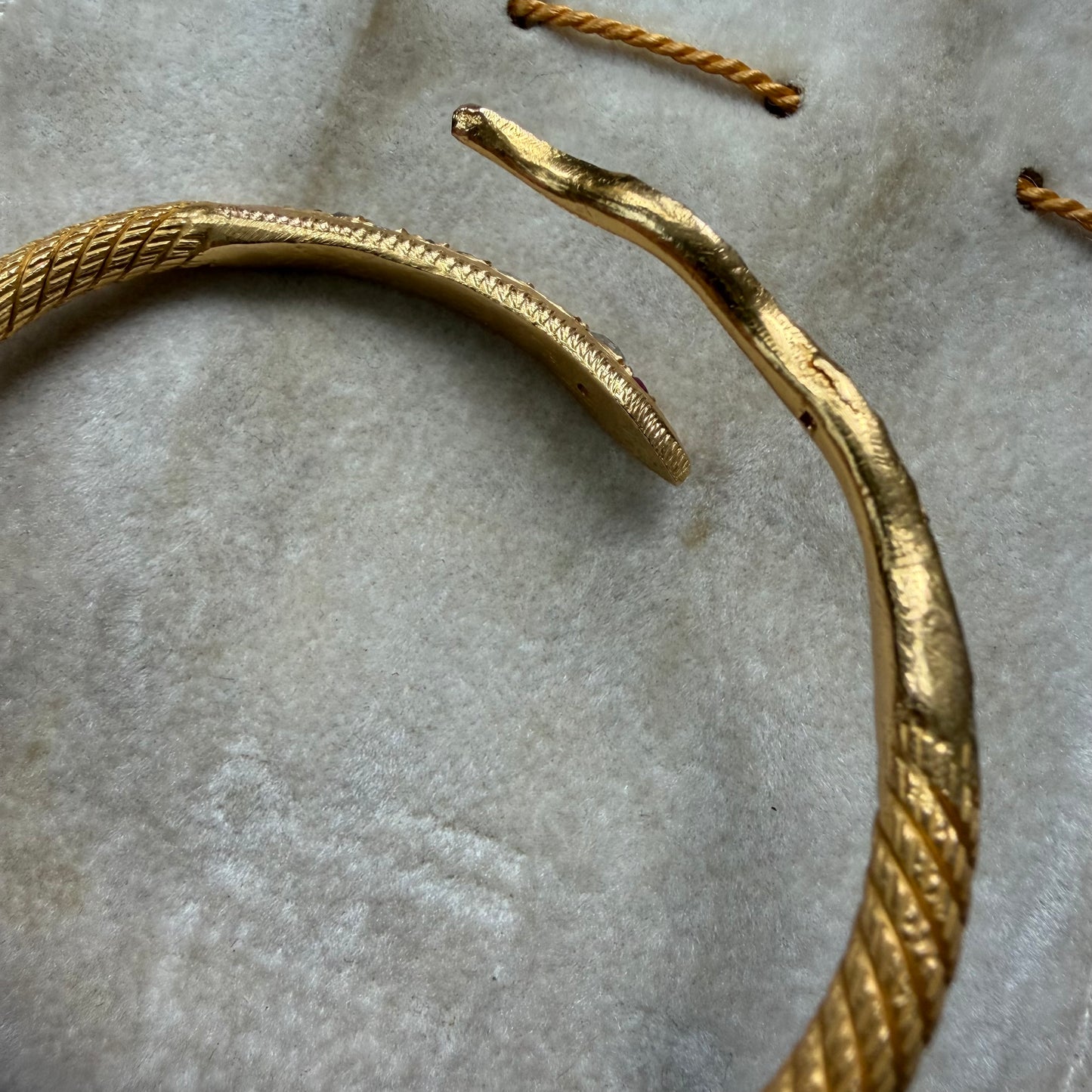 Antique Egyptian Solid 22.5k Yellow Gold Natural Rose Cut Diamond And Ruby Snake Bangle Bracelet (6.5”-8”)