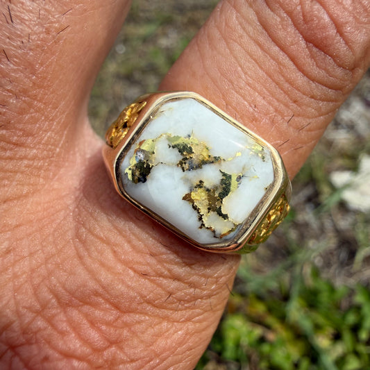 Vintage Orocal Solid 14k Yellow Gold Raw 23k Nugget Encrusted Gold Bearing Quartz Signet Ring RM1003Q (10)