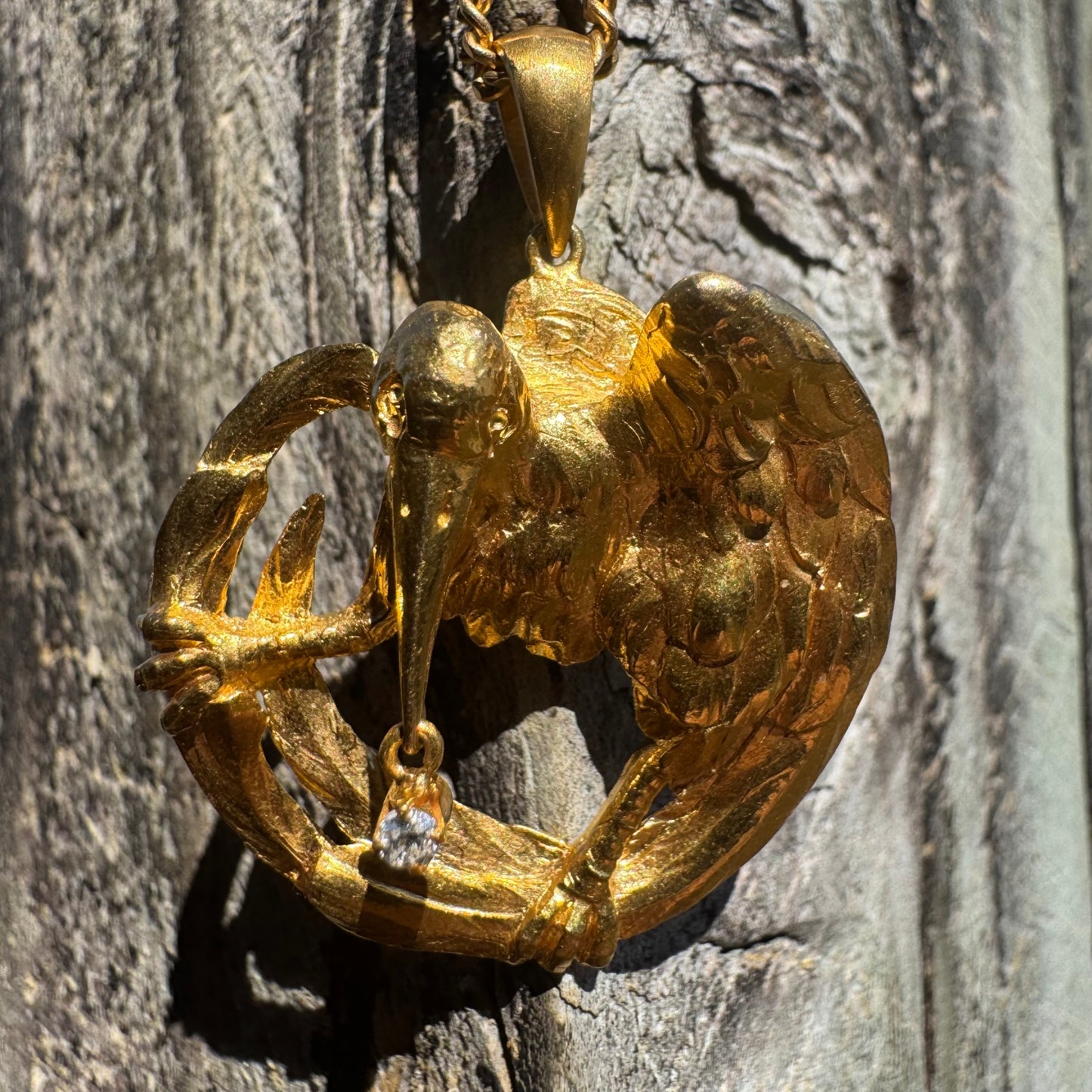 Antique Solid 19.1k Old Mine Cut Diamond Crow Pendant