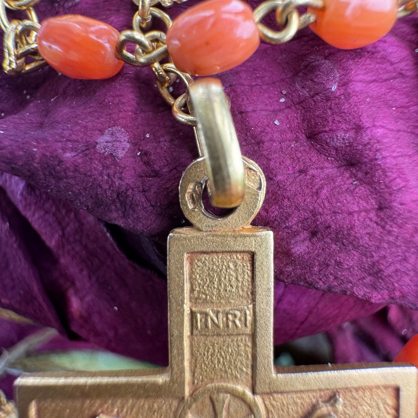 Antique French Hallmarked 18k Yellow Gold Angel Skin Coral Rosary Necklace (23”)