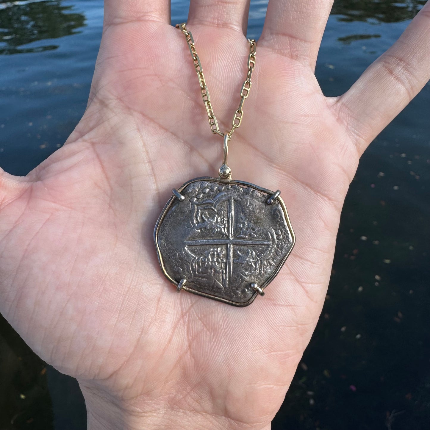1600’s Philip III Silver 8 Reales Shipwreck Coin 14k Yellow Gold Pendant