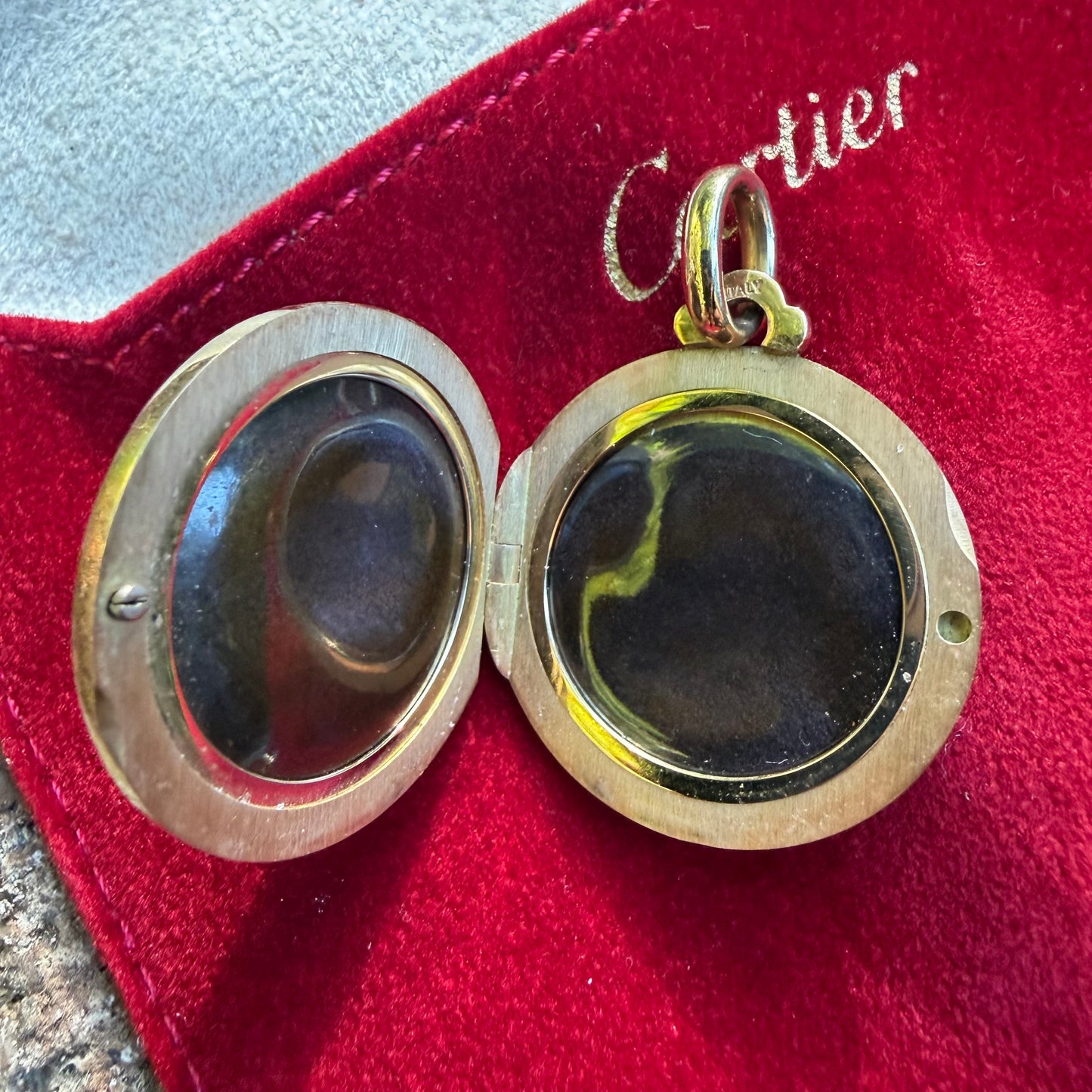 1950’s Cartier Solid 18K Yellow Gold Guilloche Enamel Locket Pendant
