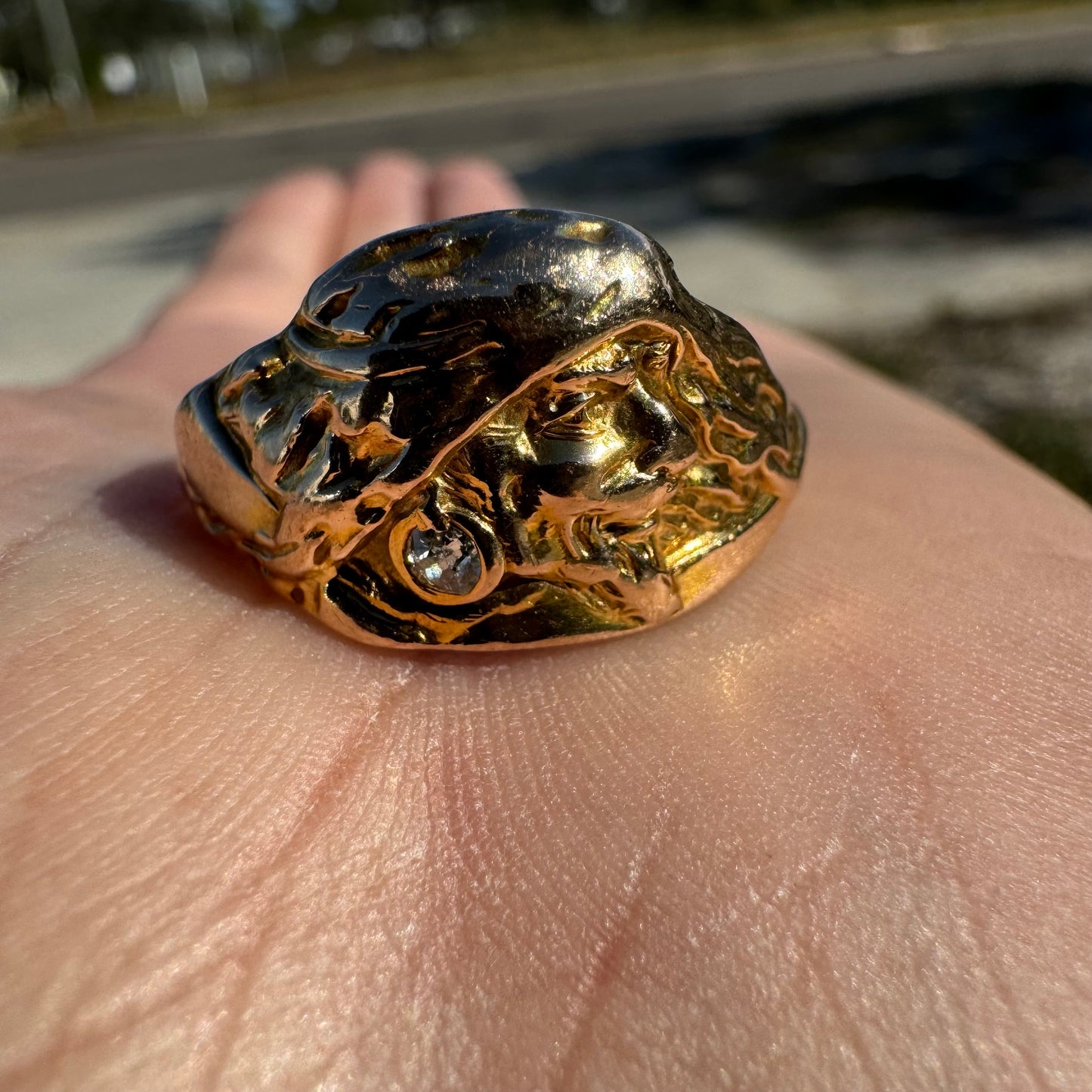 Early 1900’s Art Nouveau Solid 12k Yellow Gold Old Euro Cut Diamond Pirate Figural Ring (11)