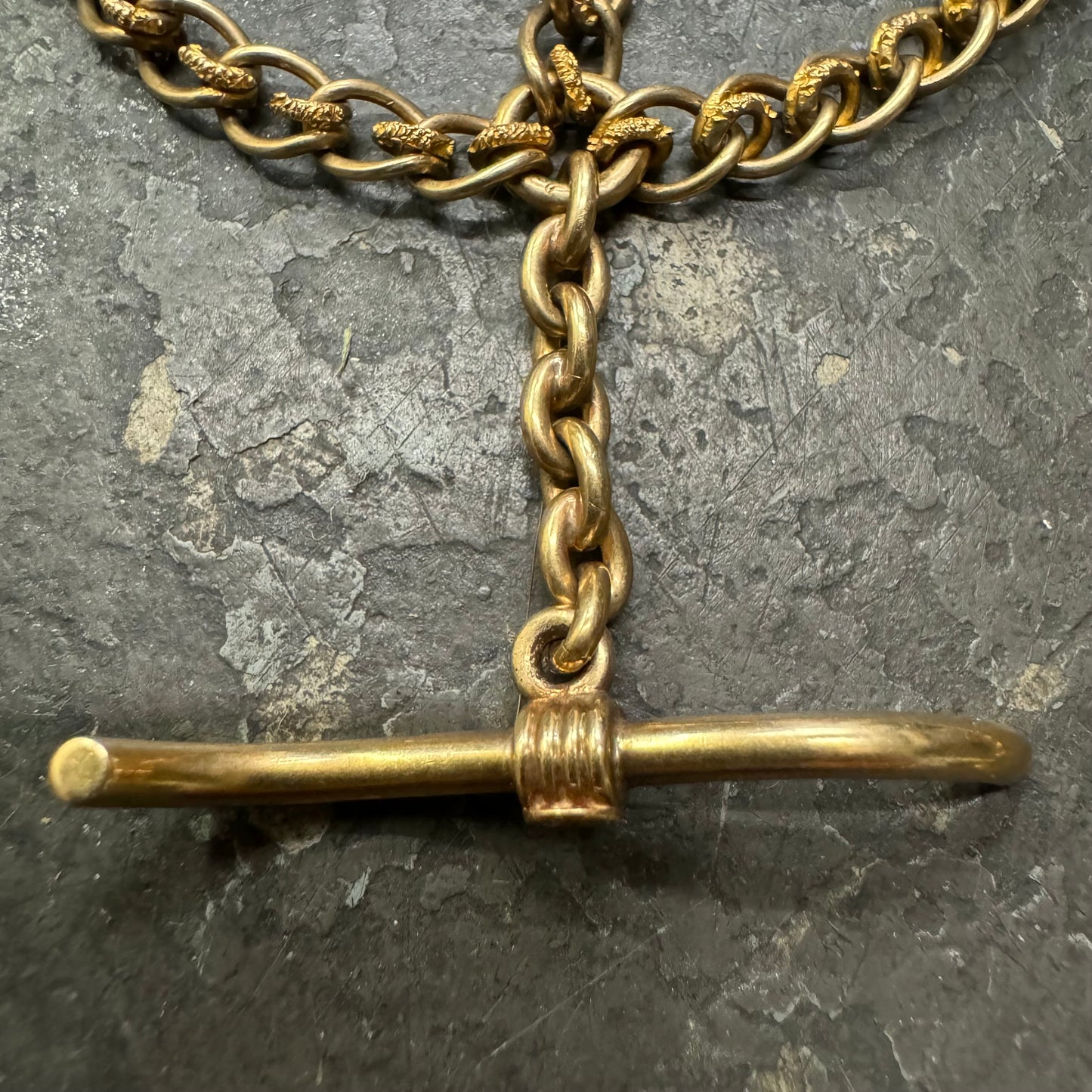 1930’s Art Deco Solid 14k Yellow Gold Double Albert Watch Chain Fancy Curb Link Necklace (19”)