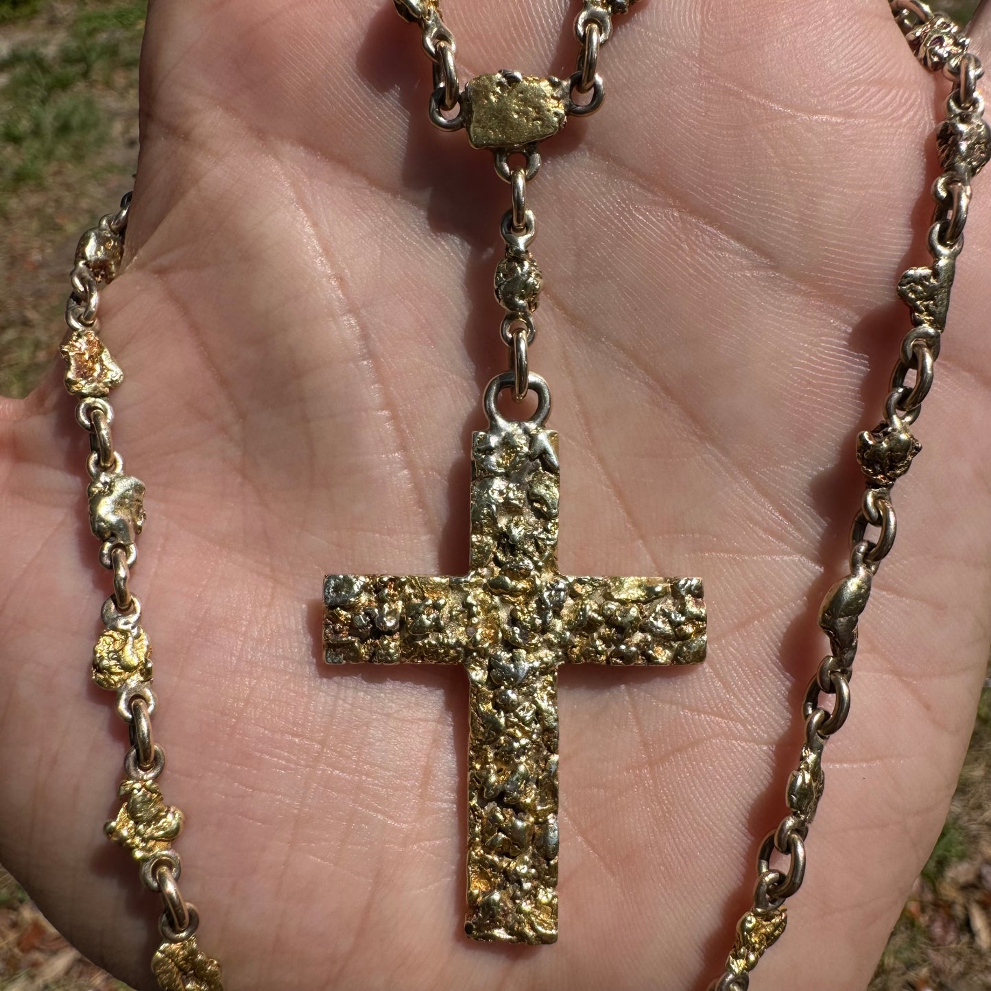 1890’s Yukon Gold Rush Era Natural Raw 20k Gold Nugget Cross Fob Watch Chain Necklace (16.5”)