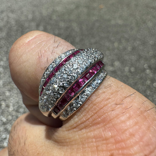 1940’s Retro Era Handcrafted 18k White Gold .73ctw Natural VS Quality Diamond And Princess Cut Ruby Flooded Step Up Ring (5.75)
