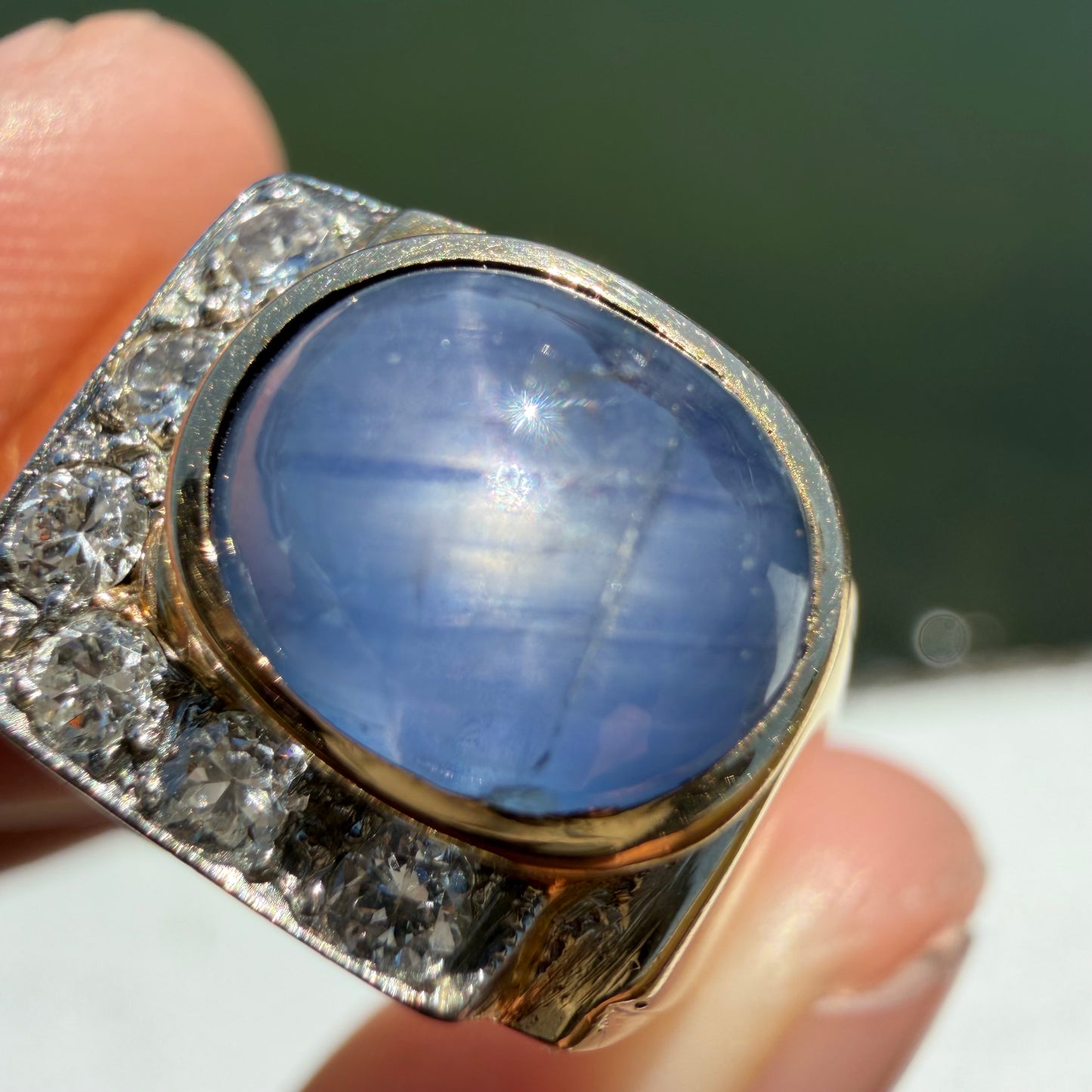 Art Deco Solid 14k Yellow Gold Natural Blue Star Sapphire Old Euro Cut Diamond Ring (8)