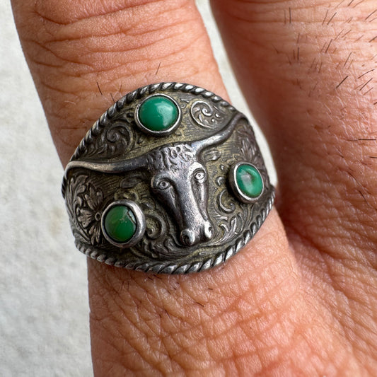 Extremely Rare 1930’s Sterling Silver Floral Engraved Longhorn Ring By Bell Trading Post
