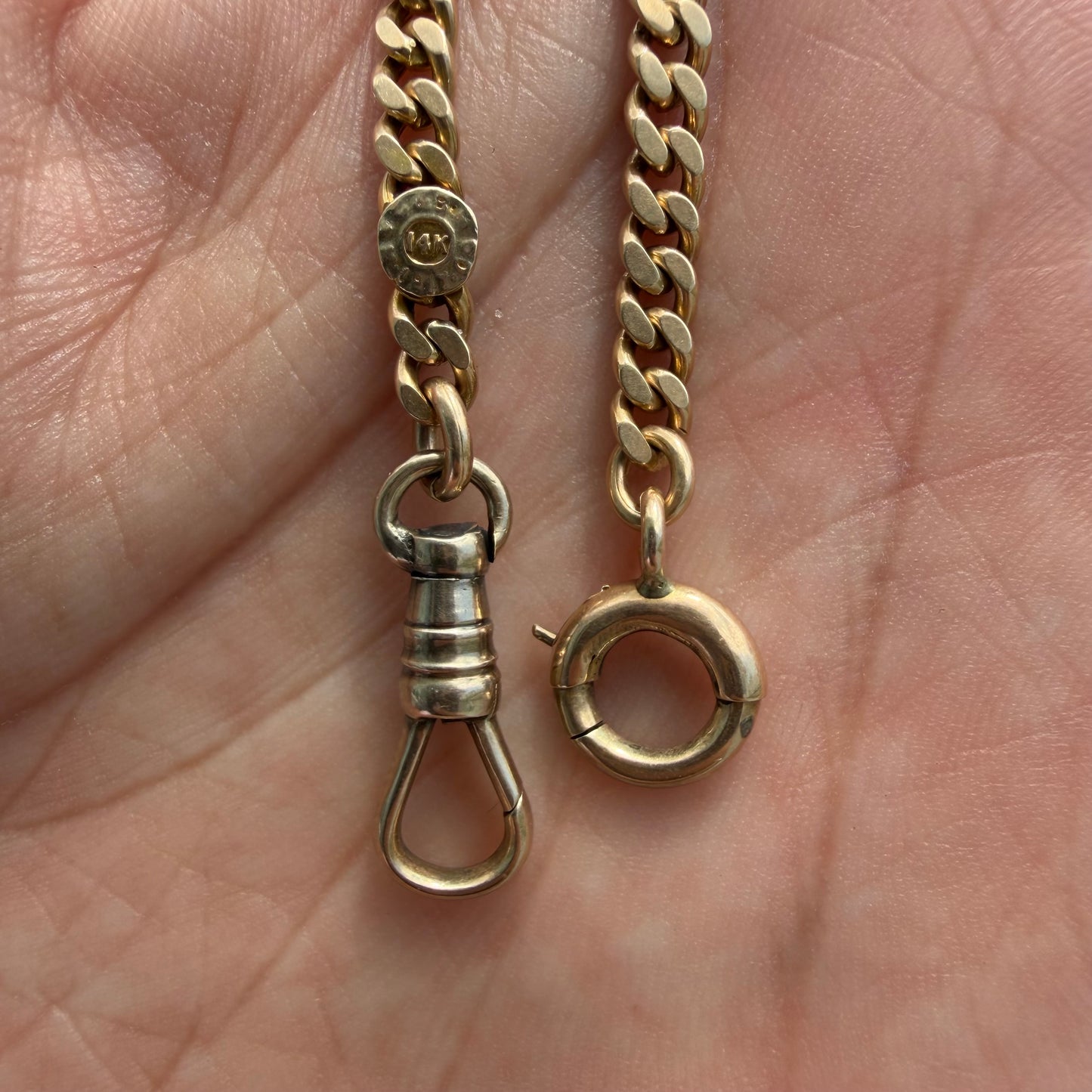 1917 Solid 14k Yellow Gold Double Albert Curb Link Watch Chain Necklace (22.5”)