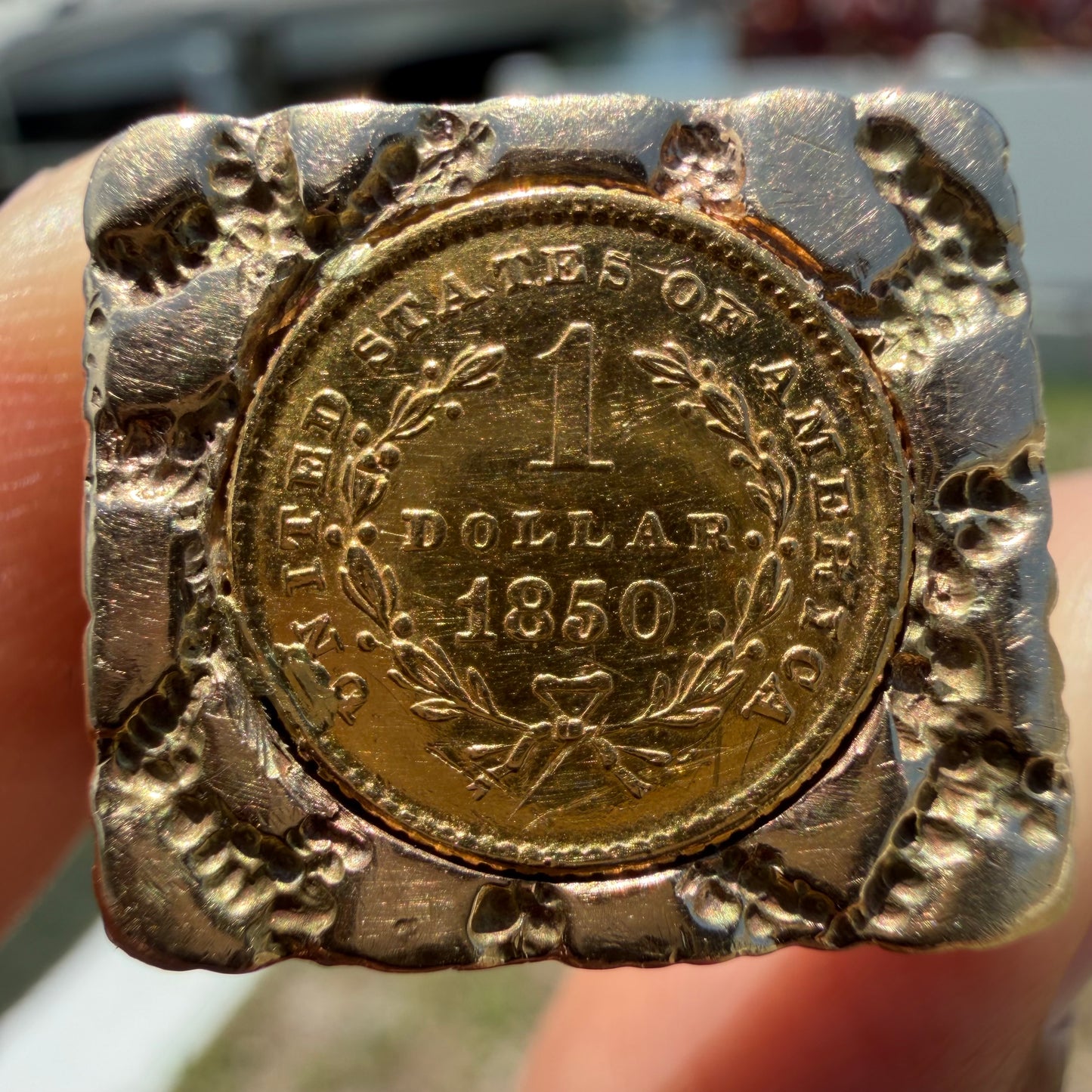 1850 Liberty Head $1 Gold Coin Solid Backed 14k Yellow Gold Heavyweight Nugget Ring (13)