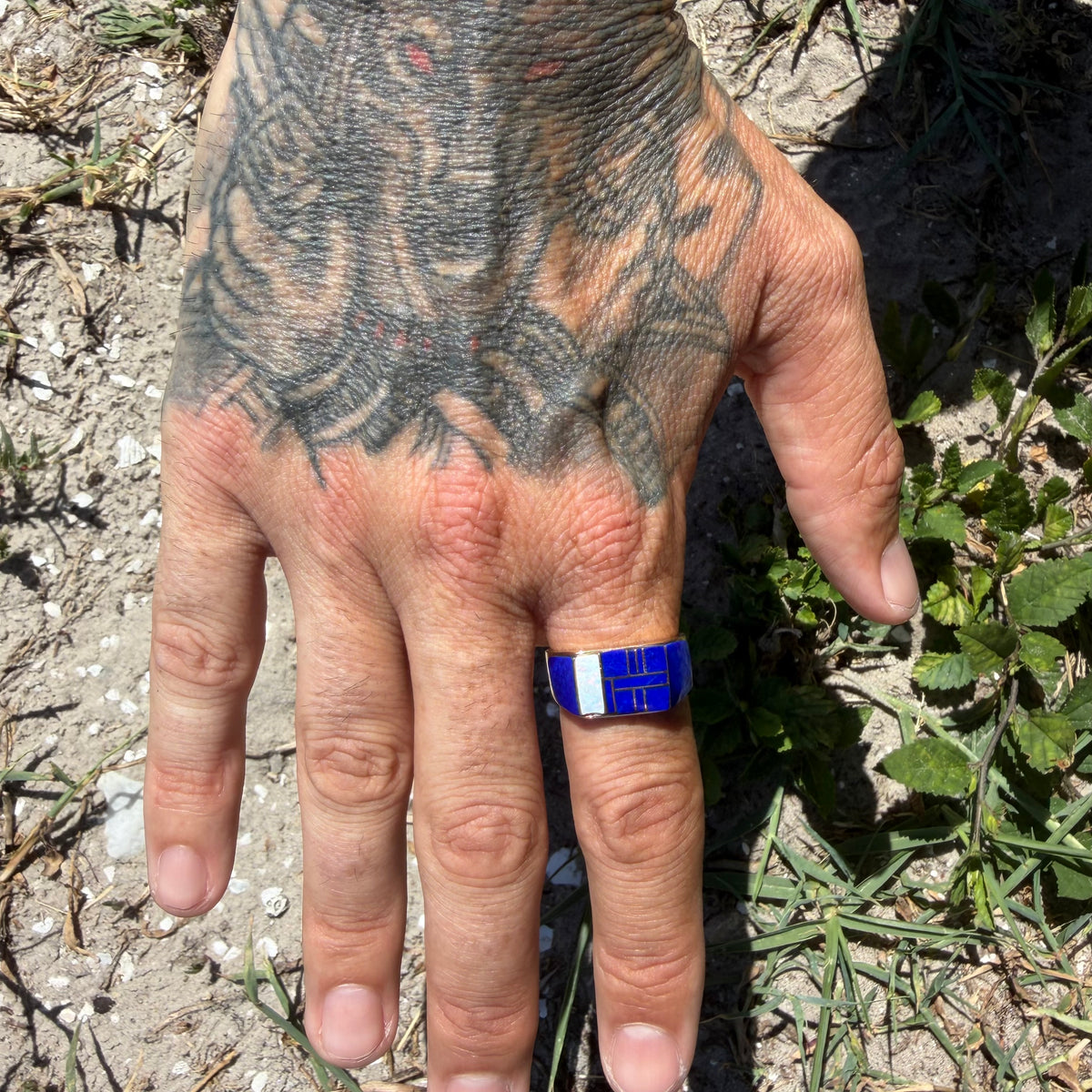 Vintage Solid 14k Yellow Gold Native Southwestern Artist Signed “Gay” Opal And Lapis Inlaid Signet Ring (10.5)