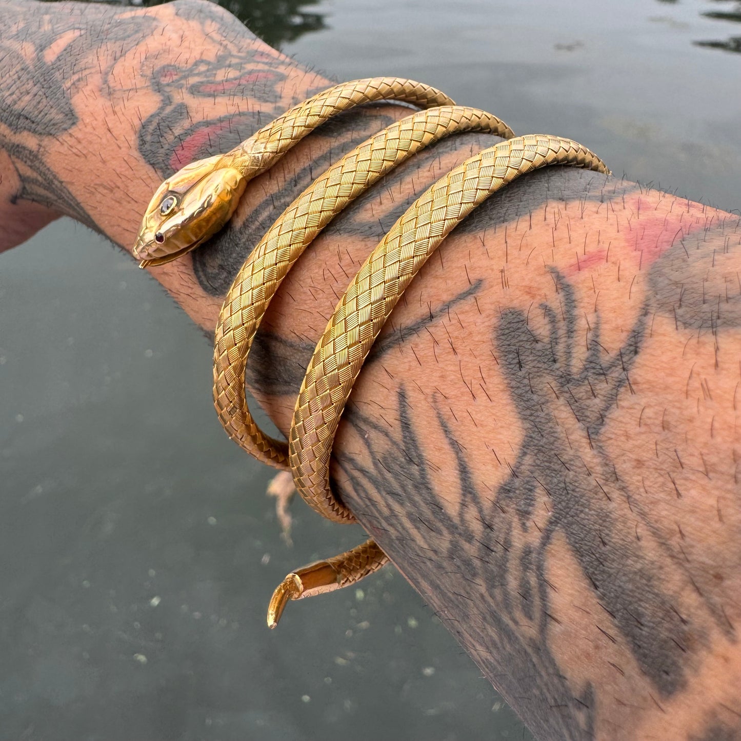 Circa 1840’s Early Victorian 19.7k Yellow Gold Woven Flexible Snake Band (24”)