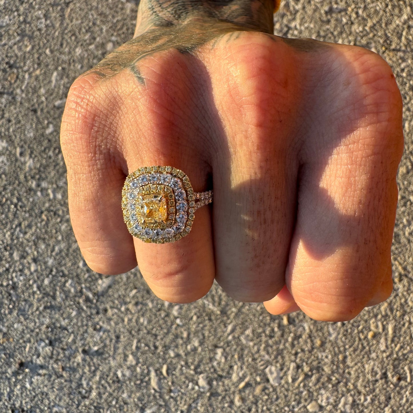 Brand New 14k White Gold 1.15ct Natural VS Cushion Cut Fancy Yellow Diamond 1.59ctw Natural VS Yellow And White Diamond Halo Ring (8)