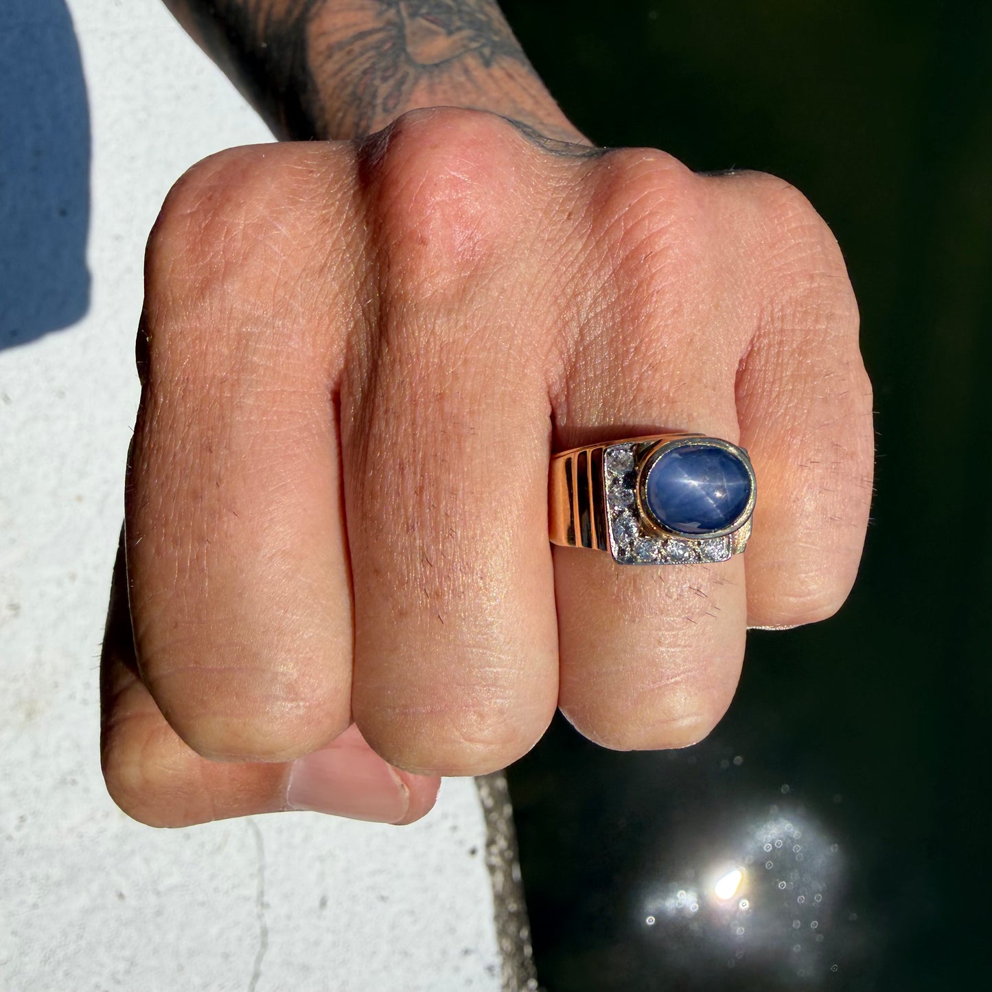 Art Deco Solid 14k Yellow Gold Natural Blue Star Sapphire Old Euro Cut Diamond Ring (8)