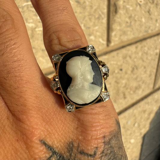 Art Deco 14k Yellow Gold And Platinum .25ctw Natural Diamond Athena (Goddess Of War) Cameo Ring (6.75)