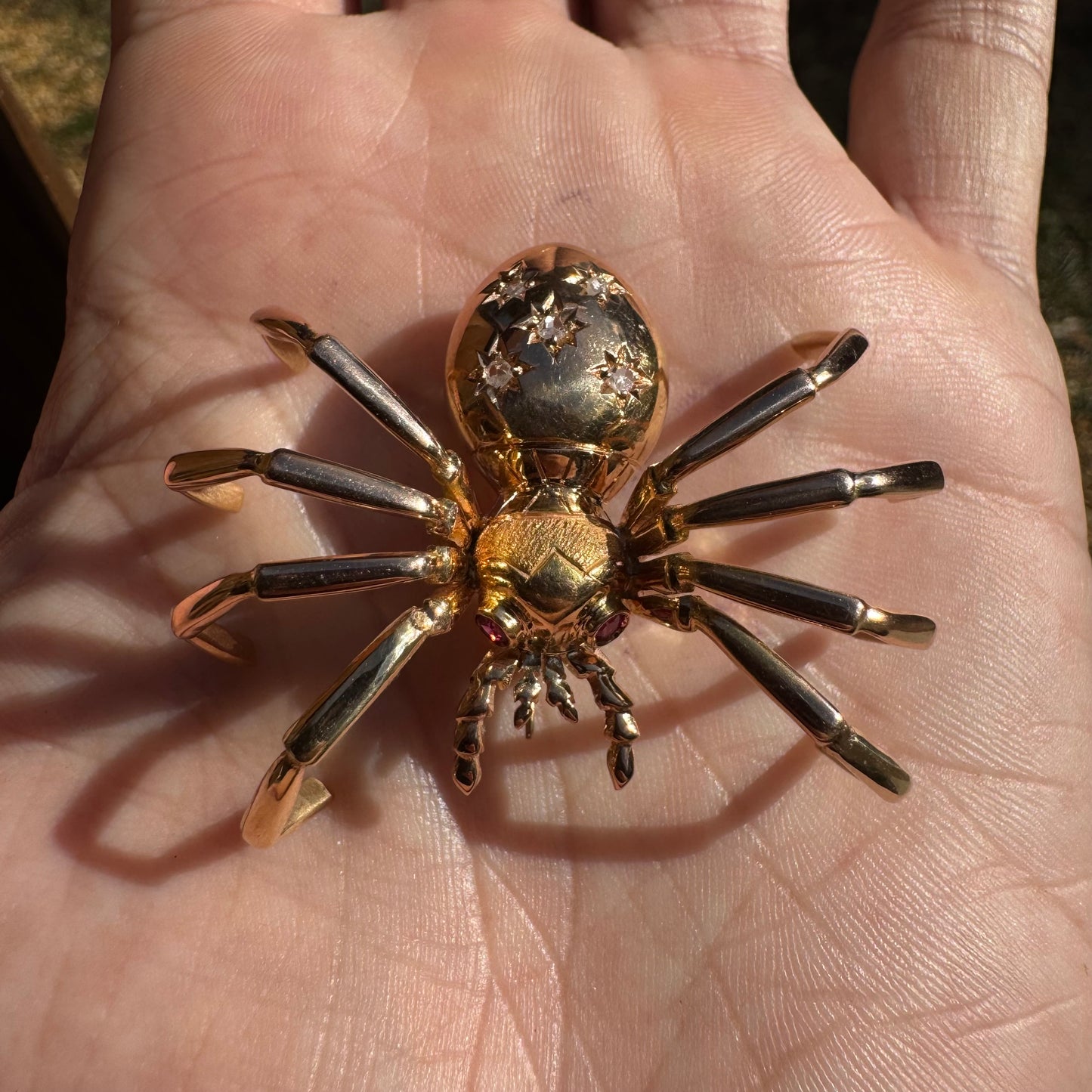 Victorian Solid 18k Gold Natural Rose Cut Diamond And Ruby Large Spider Brooch Pendant