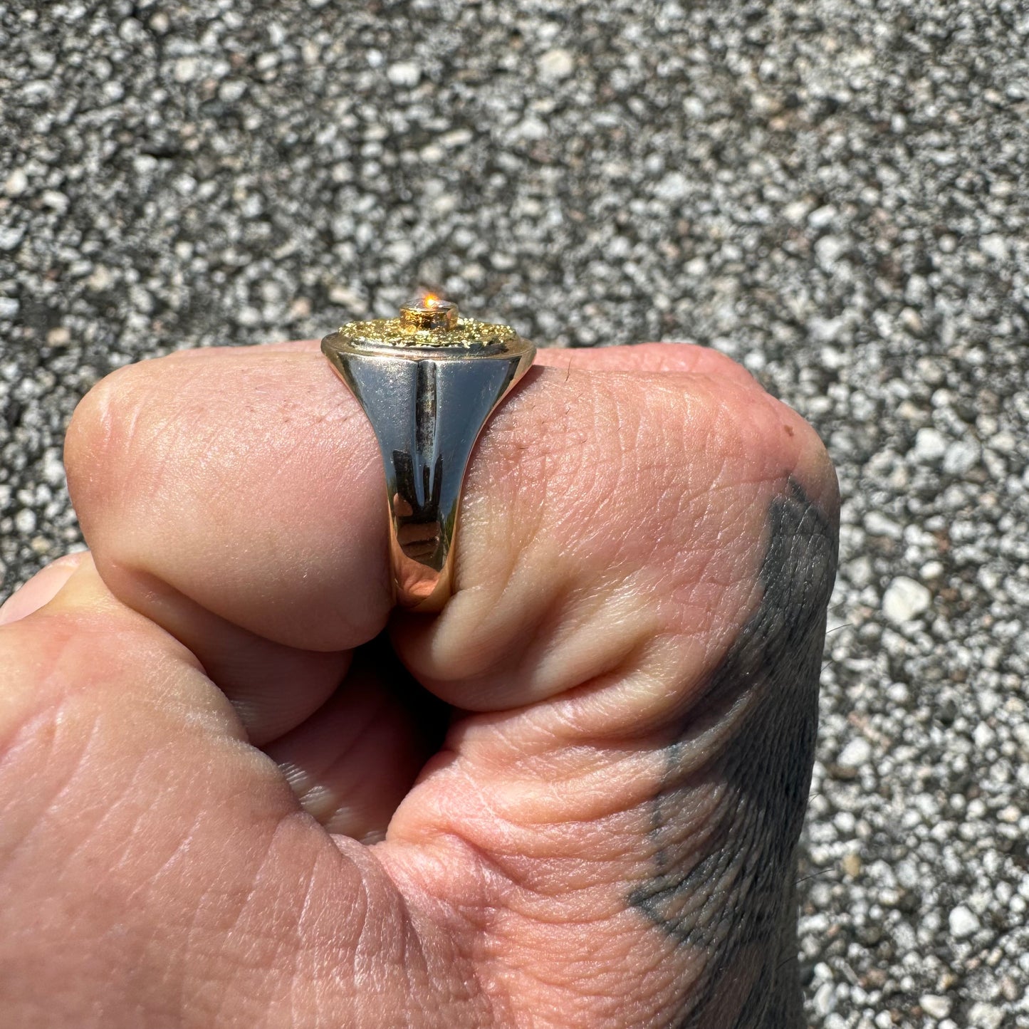Mid-Century 22k Raw Gold Nugget Natural VS Diamond Solitaire 14k Yellow Gold Comfort Fit Signet Ring (10.5)