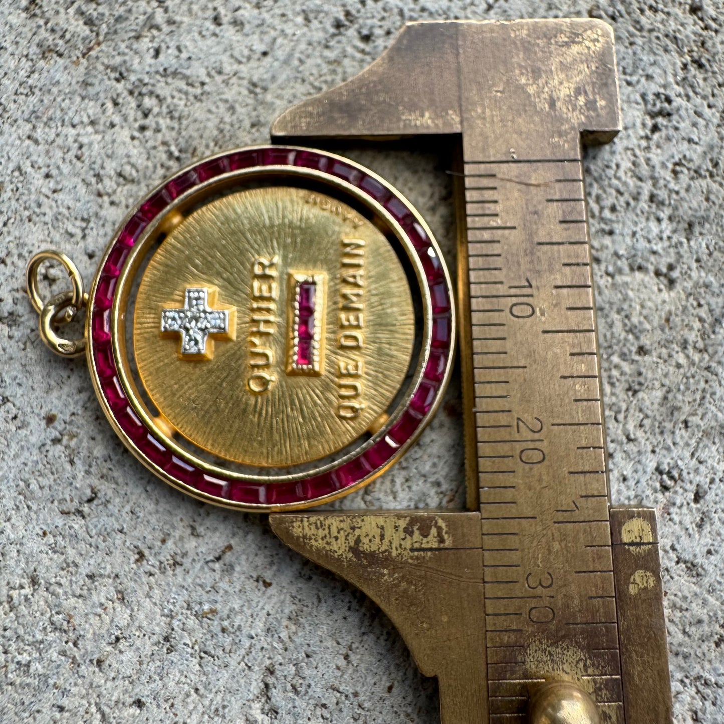 Mid-Century French 18k Yellow Gold Natural Diamond And Ruby A.Augis Love Poem Medallion (27MM)