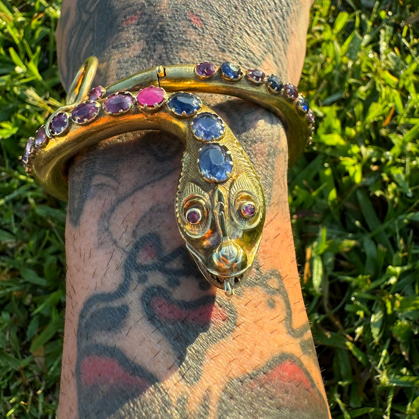 Mid 1800’s 15k Yellow Gold Blue And Pink Sapphire Encrusted Snake Bracelet (6”-7”)