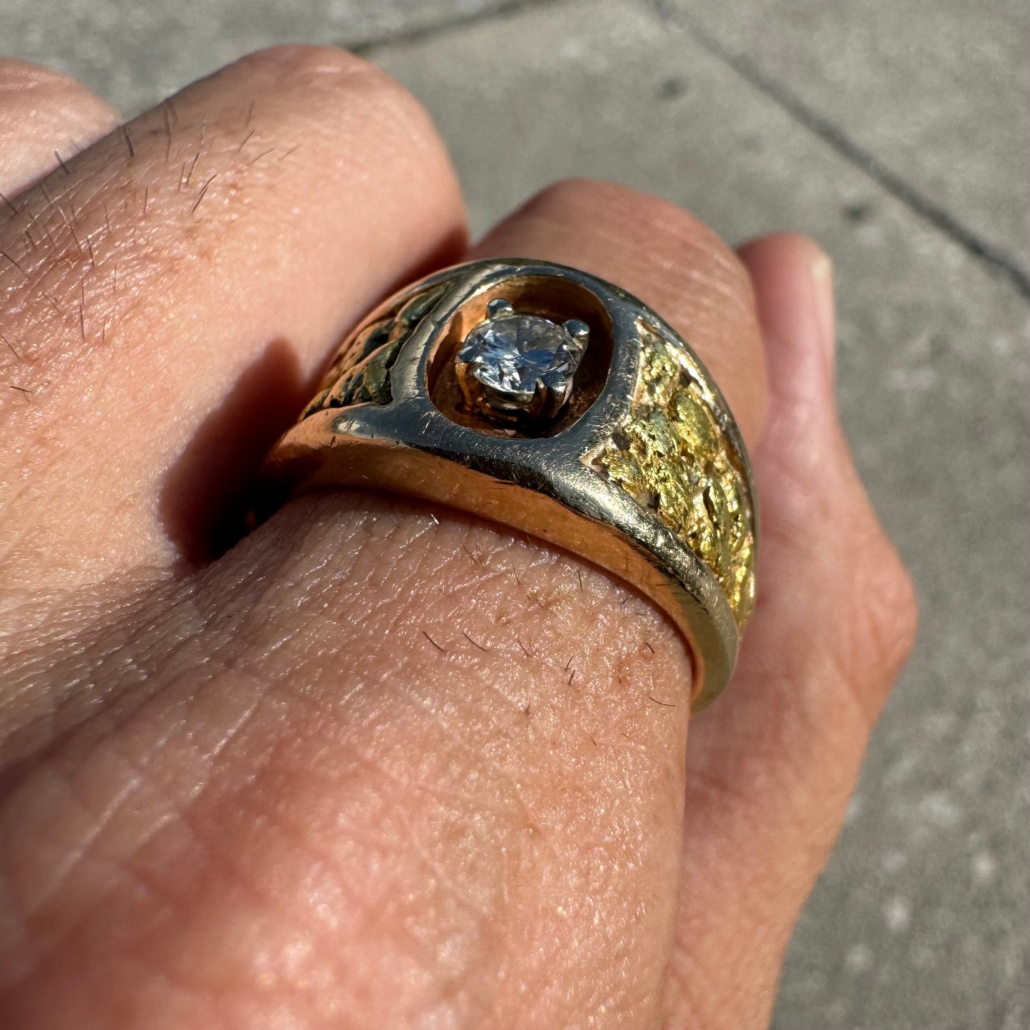 Vintage 14k Yellow Gold Raw 24k Nugget Inlaid .50Ct Natural Diamond Ring (11.5)