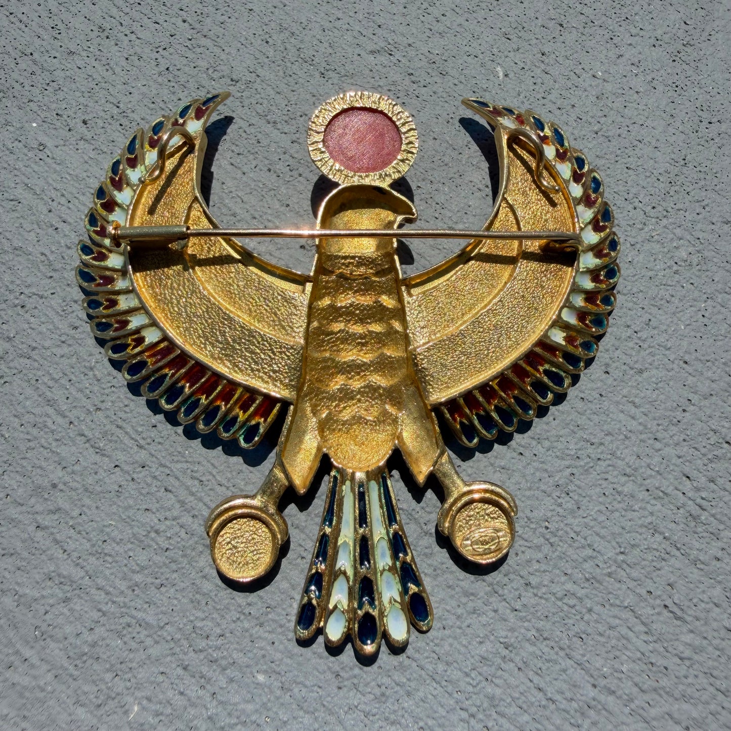 Vintage Solid 18k Yellow Gold Plique-à-Jour Large Egyptian Revival Horus Falcon Pendant/Brooch