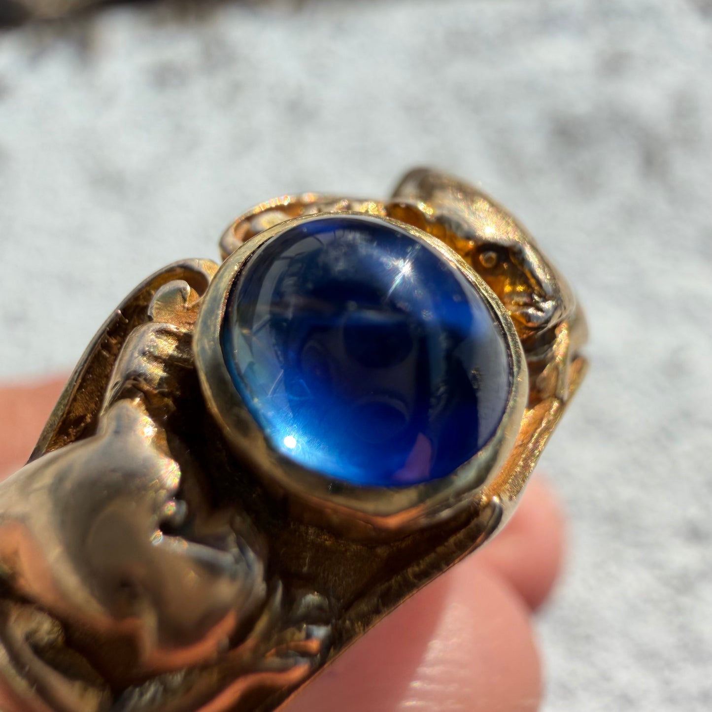 Art Nouveau Solid 14k Yellow Gold Sugar Loaf Sapphire Double Lion Ring (8.5)