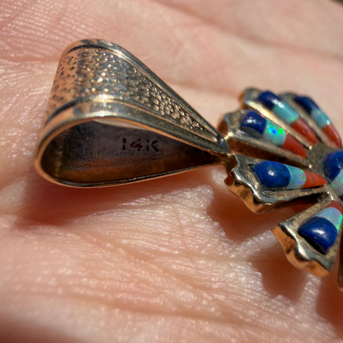 Vintage Native Southwestern Solid 14k Yellow Gold Multi-Stone Inlaid Kokopelli Pendant Signed “R. Nessie”