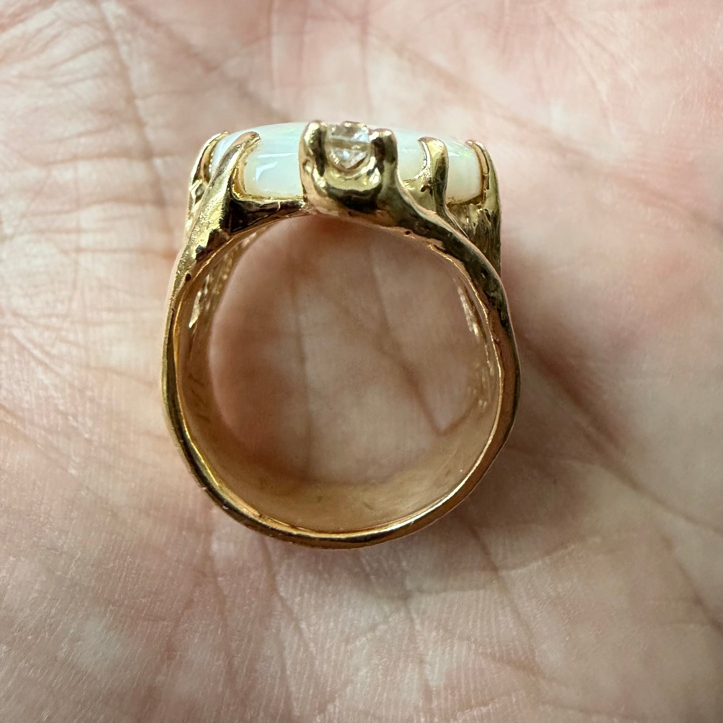 Vintage Artisan Crafted Solid 14k Yellow Gold Natural White Opal And Diamond Brutalist Ring (8)