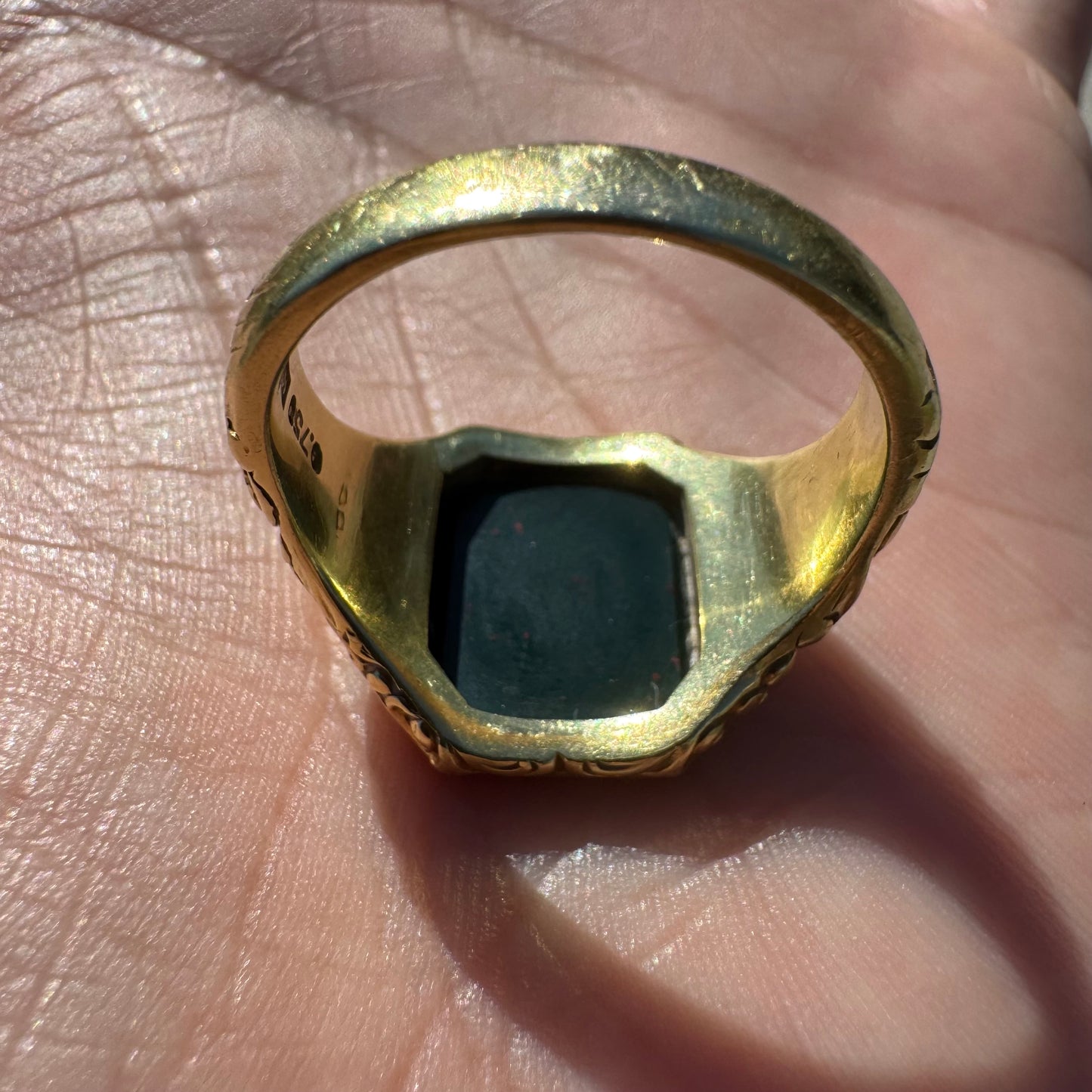 Antique Art Nouveau Solid 18k Yellow Gold Bloodstone Signet Ring (10)
