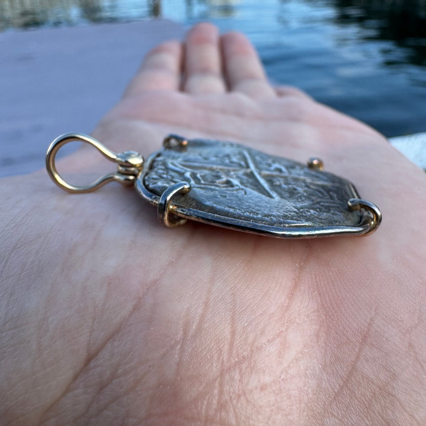 1600’s Philip III Silver 8 Reales Shipwreck Coin 14k Yellow Gold Pendant