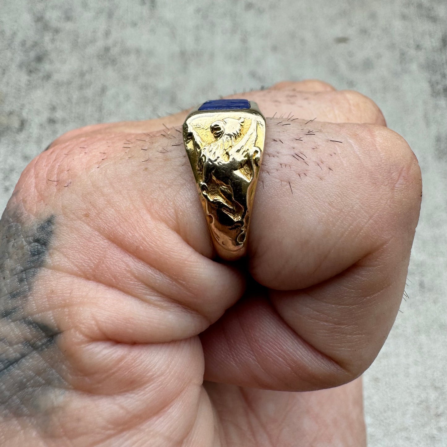 Art Nouveau 14k Yellow Gold Raw Lapis Griffin Signet Ring By Larter And Sons (6)